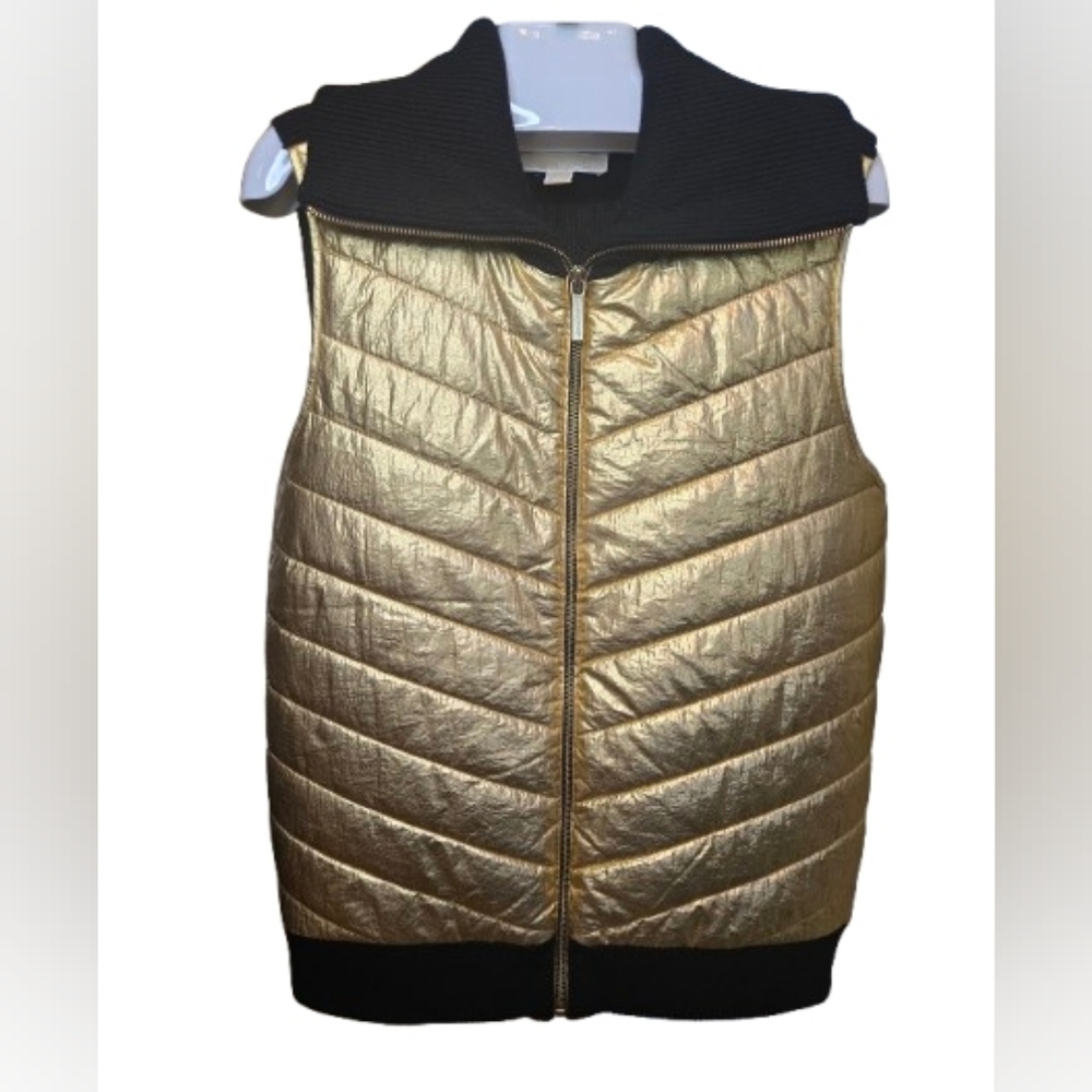 Michael Kors Metallic Gold And Black Sleeveless Puffer Vest